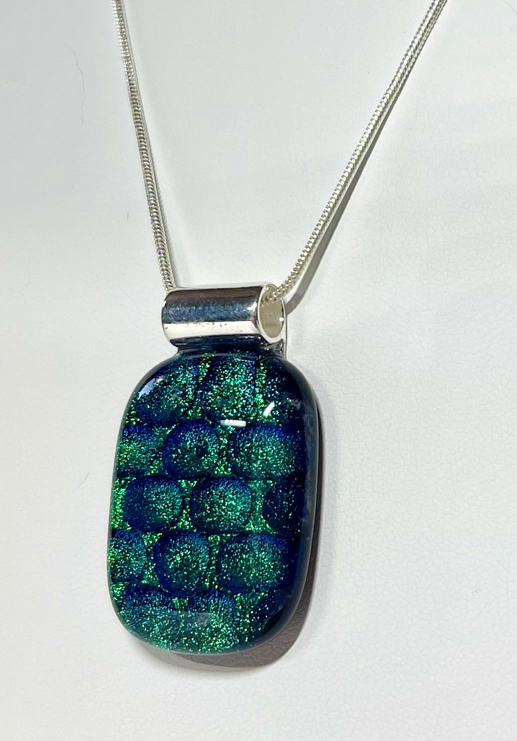 Emerald Green Dichroic Dot Glass Pendant, with Blue Hues and 3D Bubbles - Handmade          