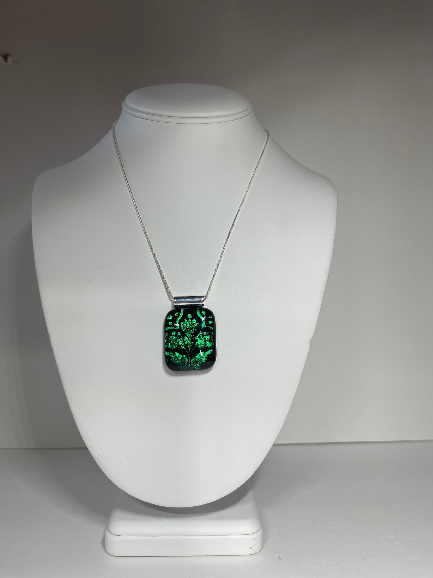 Emerald Flower Etched Dichroic Glass Pendant, with Blue Hues - Handmade          