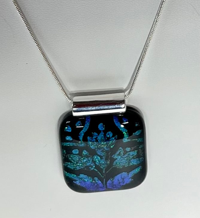 Emerald Flower Etched Dichroic Glass Pendant, with Blue Hues - Handmade          