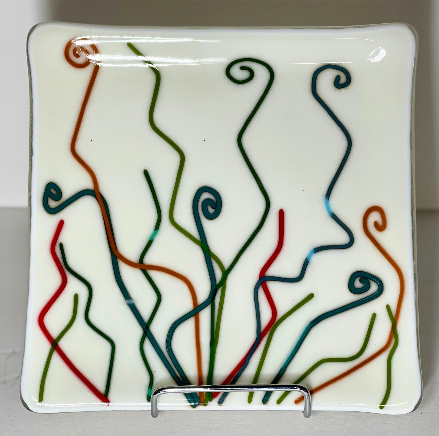 Abstract lines and curls fused glass plate, off white, handmade