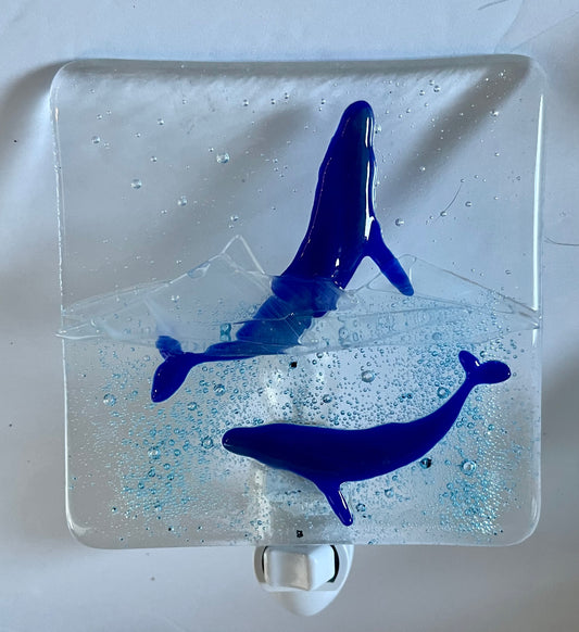Whale breaching and underwater whale - Fused Glass Night Light - Handmade