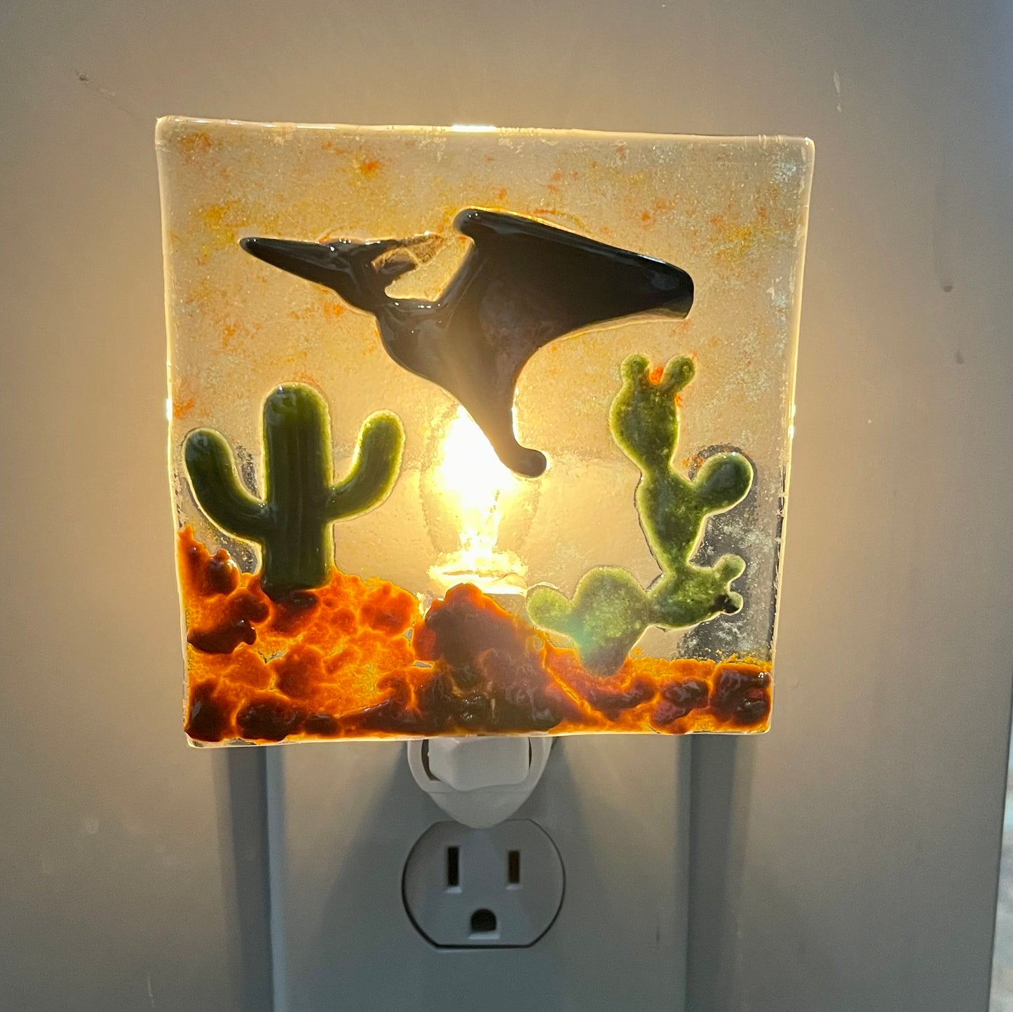 Teradactyl Flying over the Desert with Cactus Fused Glass Night Light - Handmade