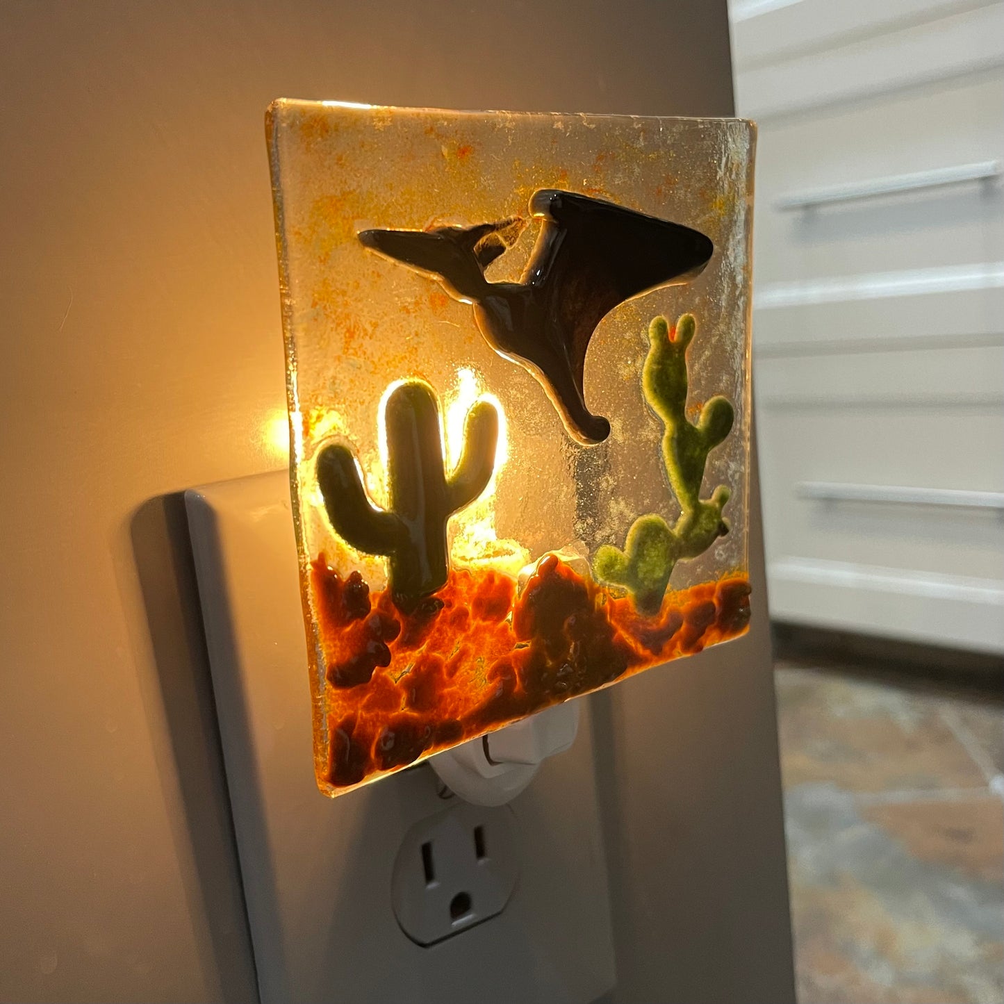 Teradactyl Flying over the Desert with Cactus Fused Glass Night Light - Handmade