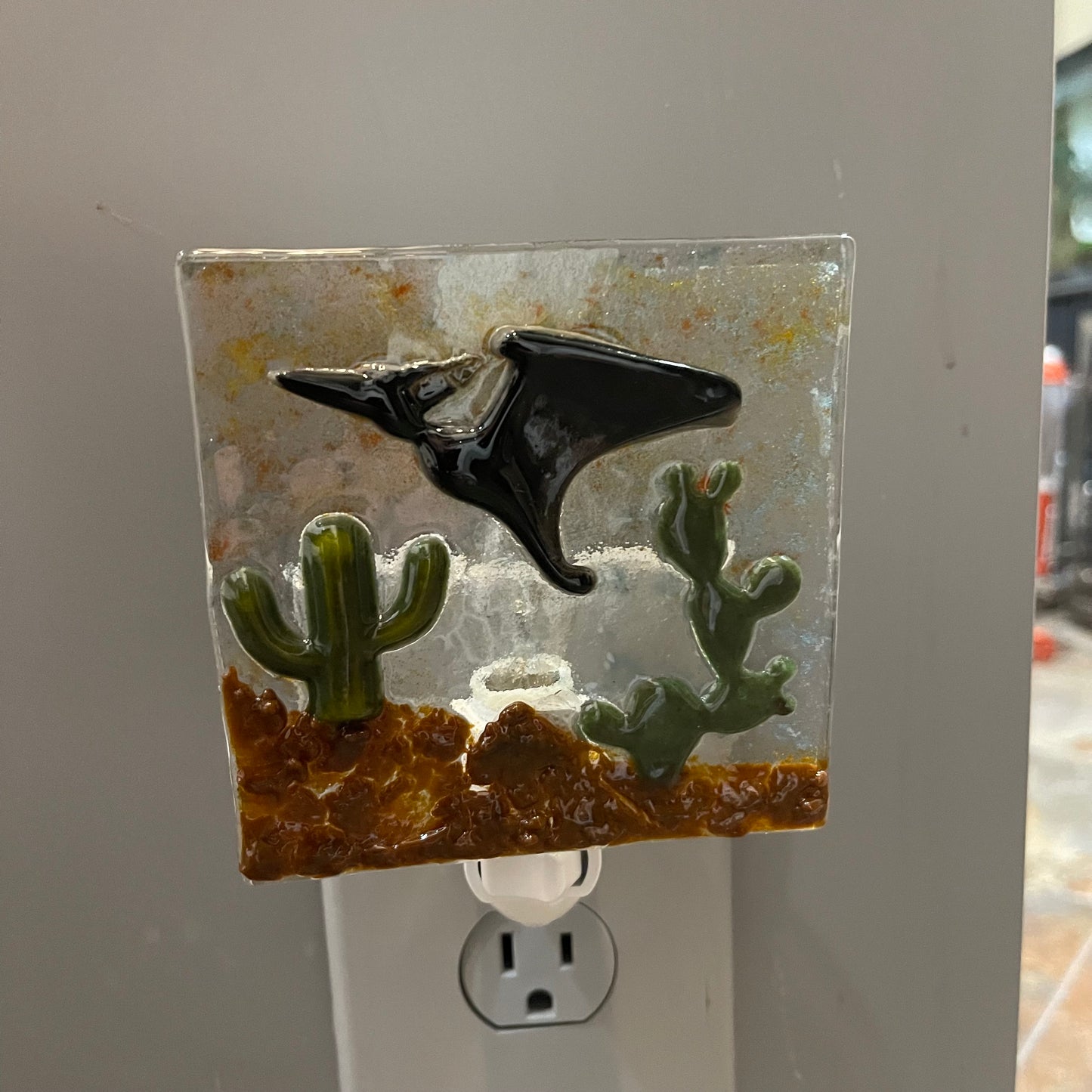 Teradactyl Flying over the Desert with Cactus Fused Glass Night Light - Handmade