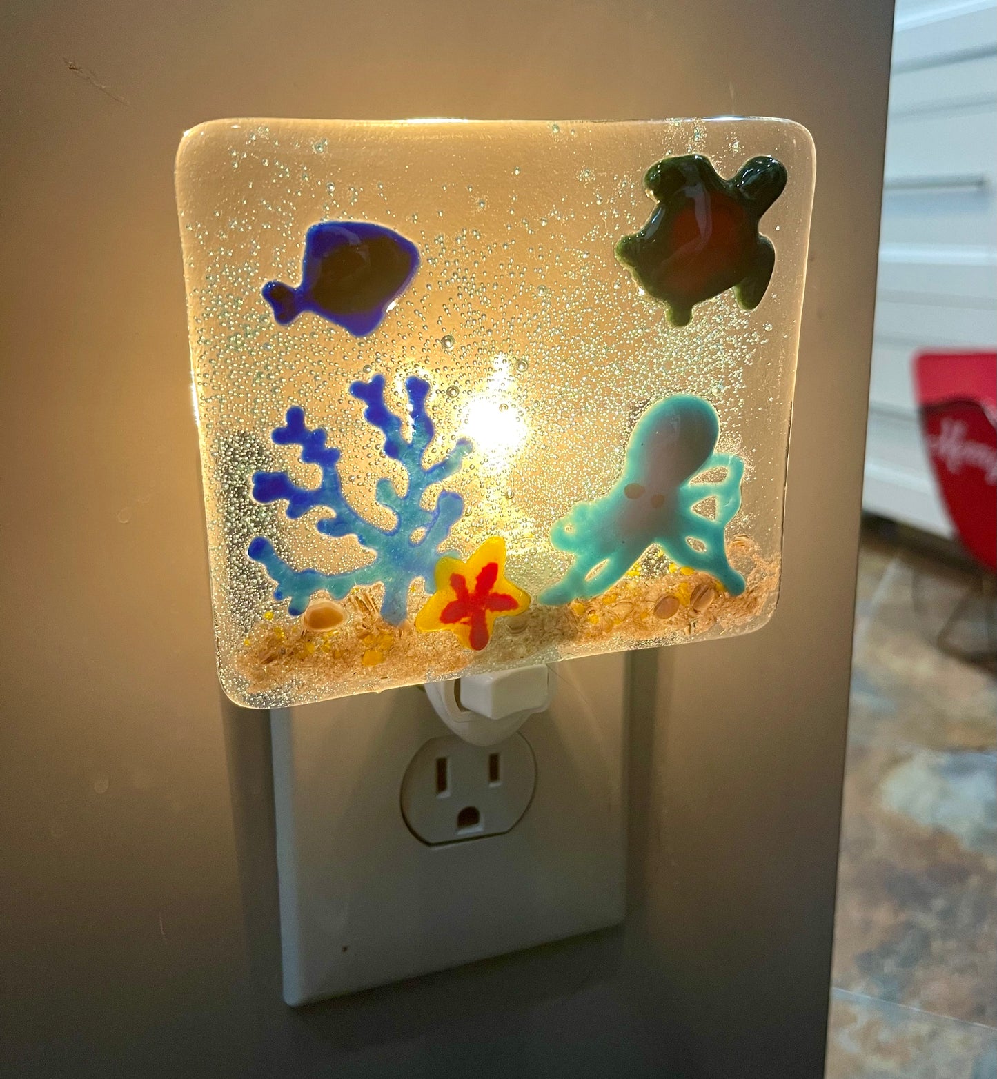 Under the Sea with Fish and Octopus Fused Glass Night Light - Handmade