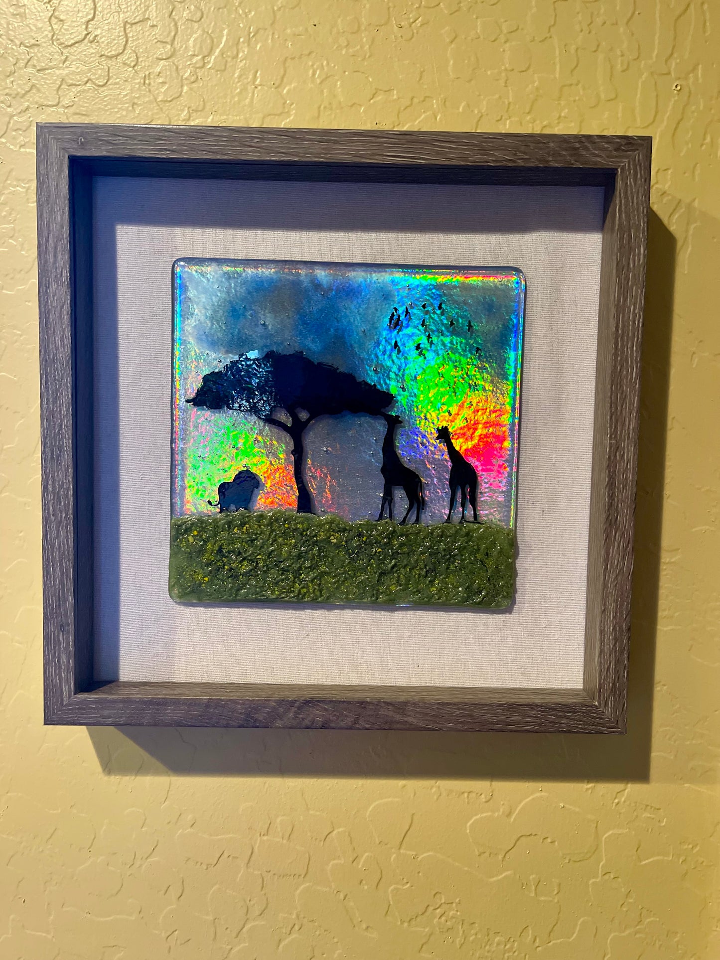 Giraffes and Lion on the African Plain Fused Glass Picture with Iridescent Sky - Handmade