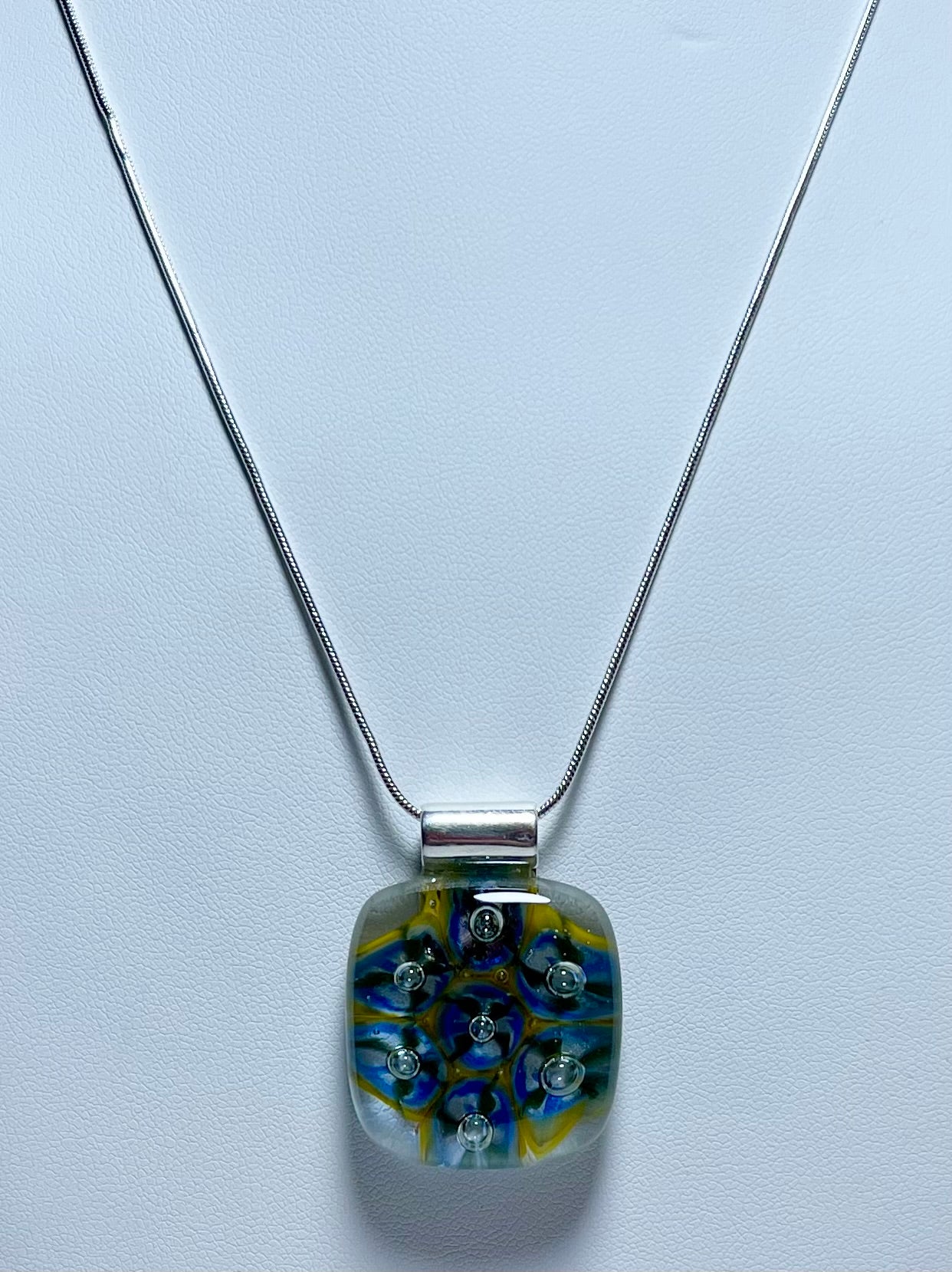 Blue Hues with Yellow and 3D Bubbles Fused Glass Pendant with Murine - Handmade          