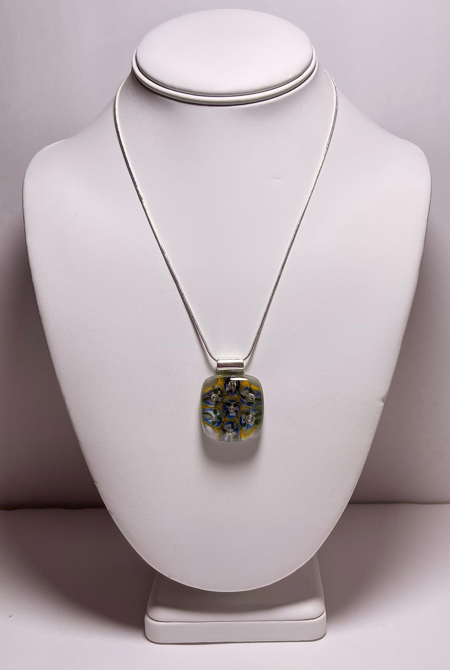 Blue Hues with Yellow and 3D Bubbles Fused Glass Pendant with Murine - Handmade          