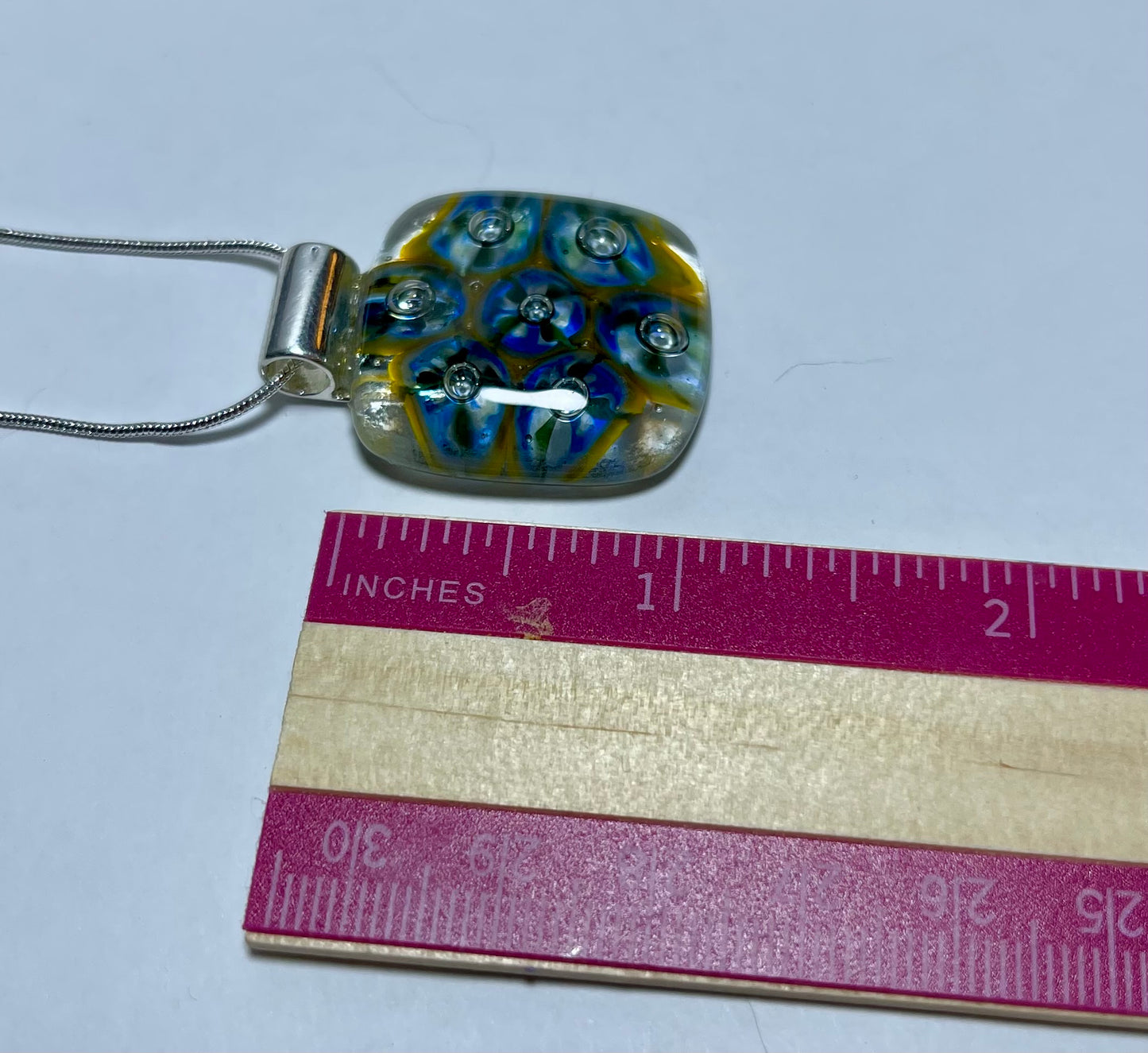 Blue Hues with Yellow and 3D Bubbles Fused Glass Pendant with Murine - Handmade          