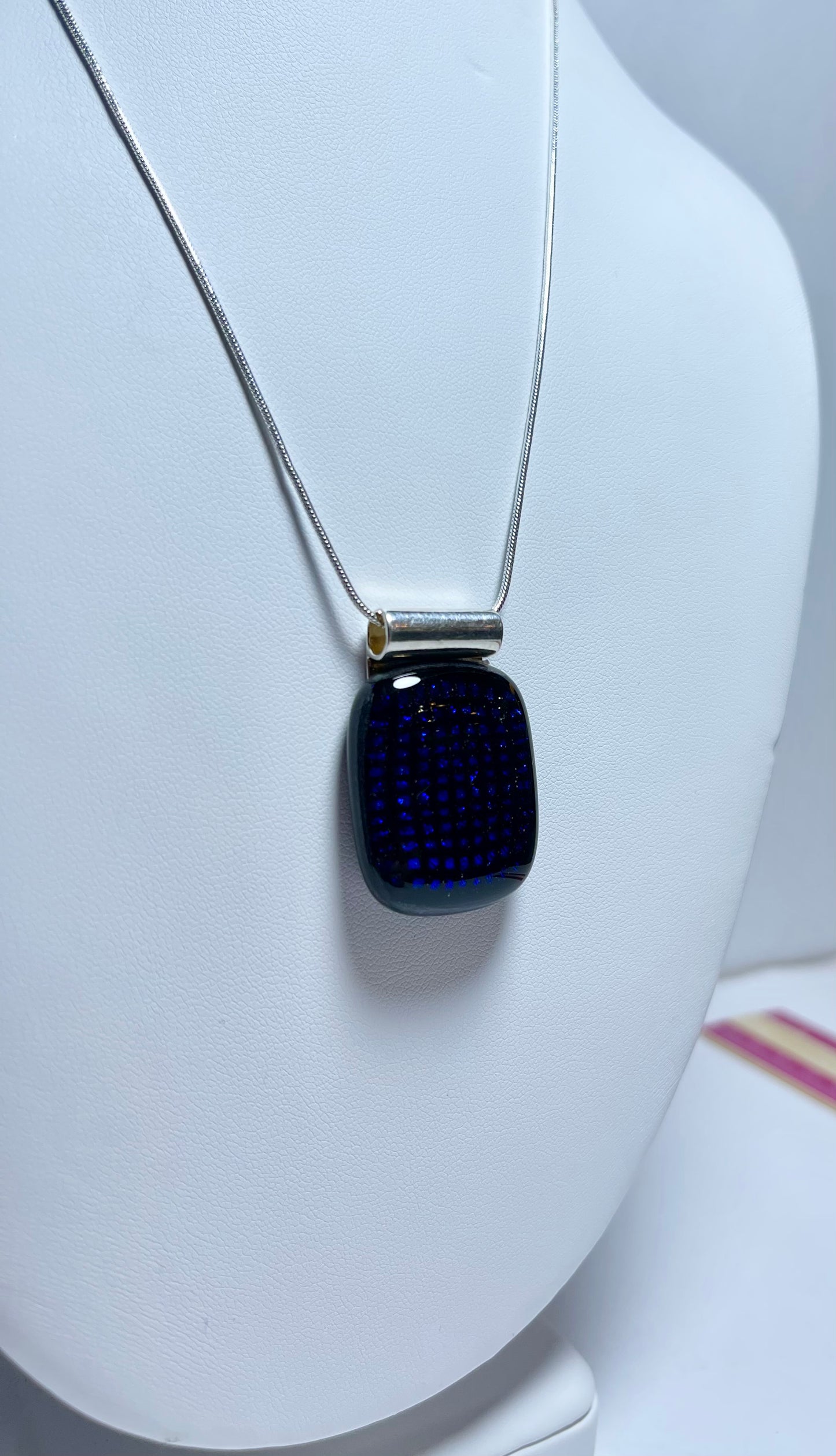 Dark Blue Square Sparkles of Dichroic Glass Pendant - Handmade          