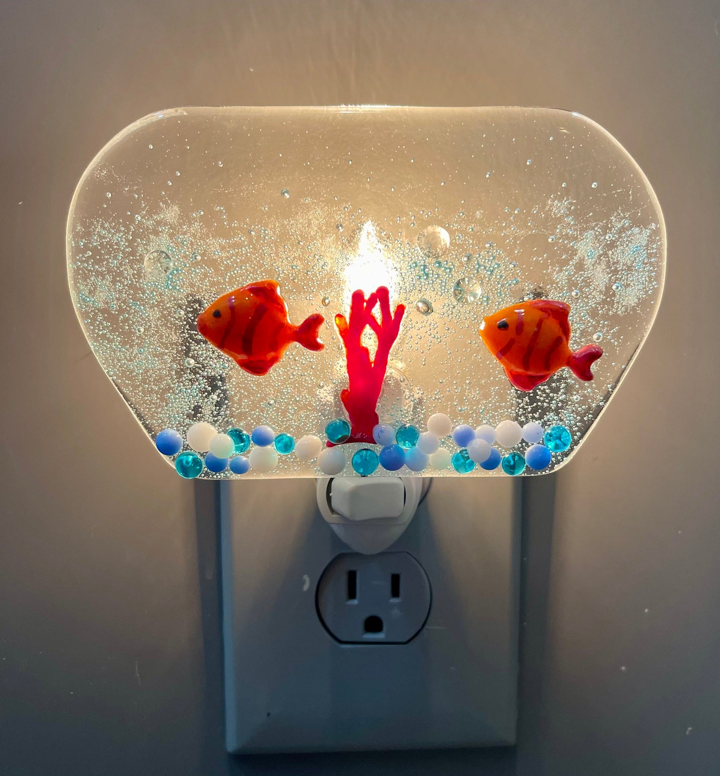 Fish Bowl with 2 Fish and Bubbles Fused Glass Night Light - Handmade