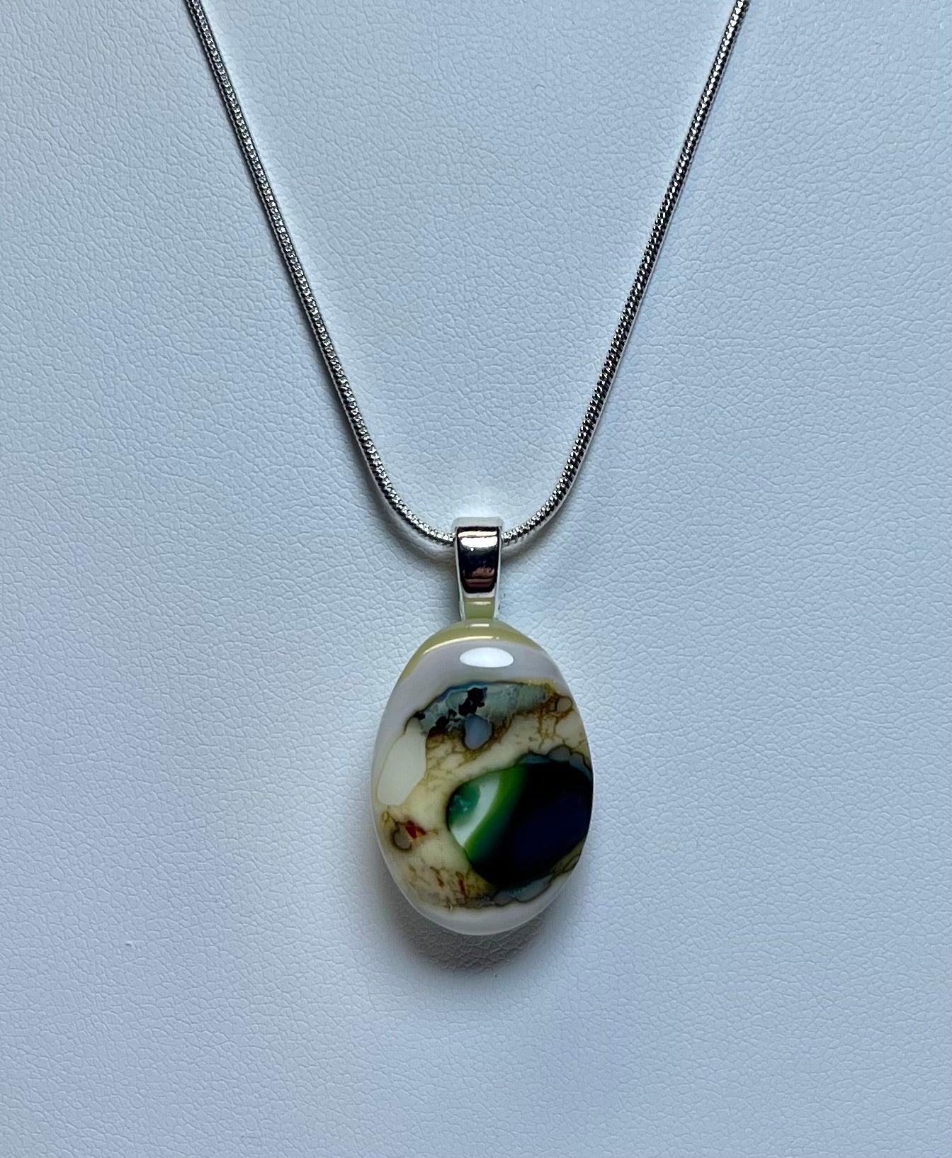 Rustic Beige, Brown, White, Green Marbled Fused Glass Pendant Necklace - Handmade, Girl Gift, Mother's Day Gift, Easter Gift, Unique Gift    