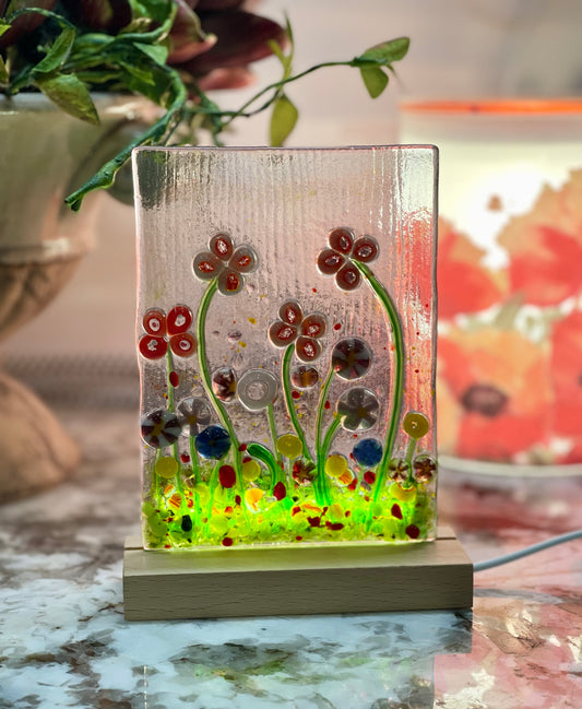 Floral Garden Fused Glass Light Up Wood Base, Handmade, Unique Gift, Indoor Light Up Display, Fused Glass Flower Wood Base