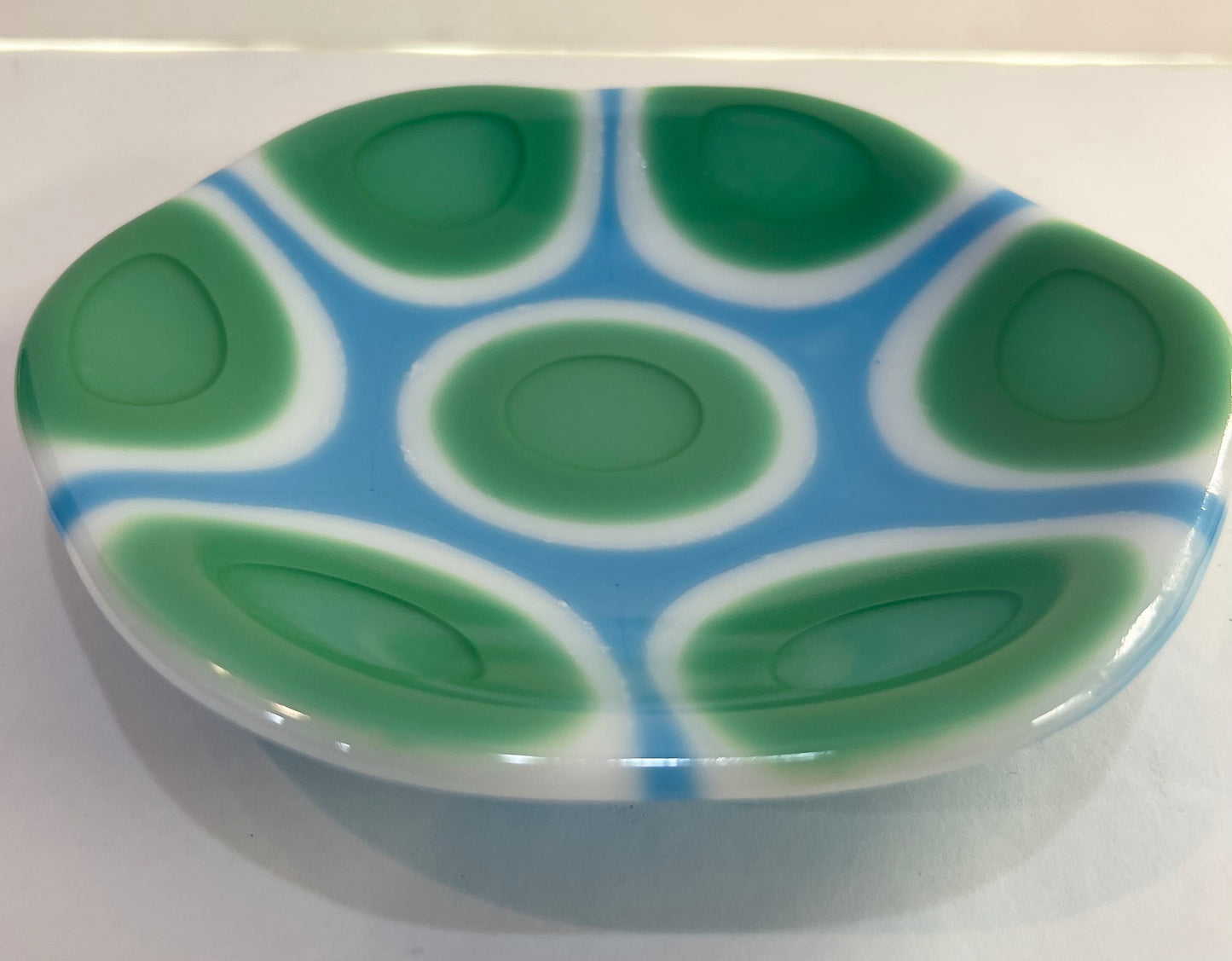 Light Green, Blue, White, Floral Shaped Fused Glass Bowl - Handmade, Summer Bowl, Fruit Bowl