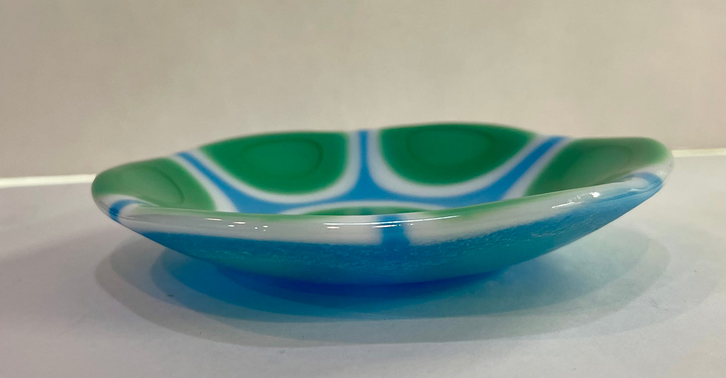 Light Green, Blue, White, Floral Shaped Fused Glass Bowl - Handmade, Summer Bowl, Fruit Bowl