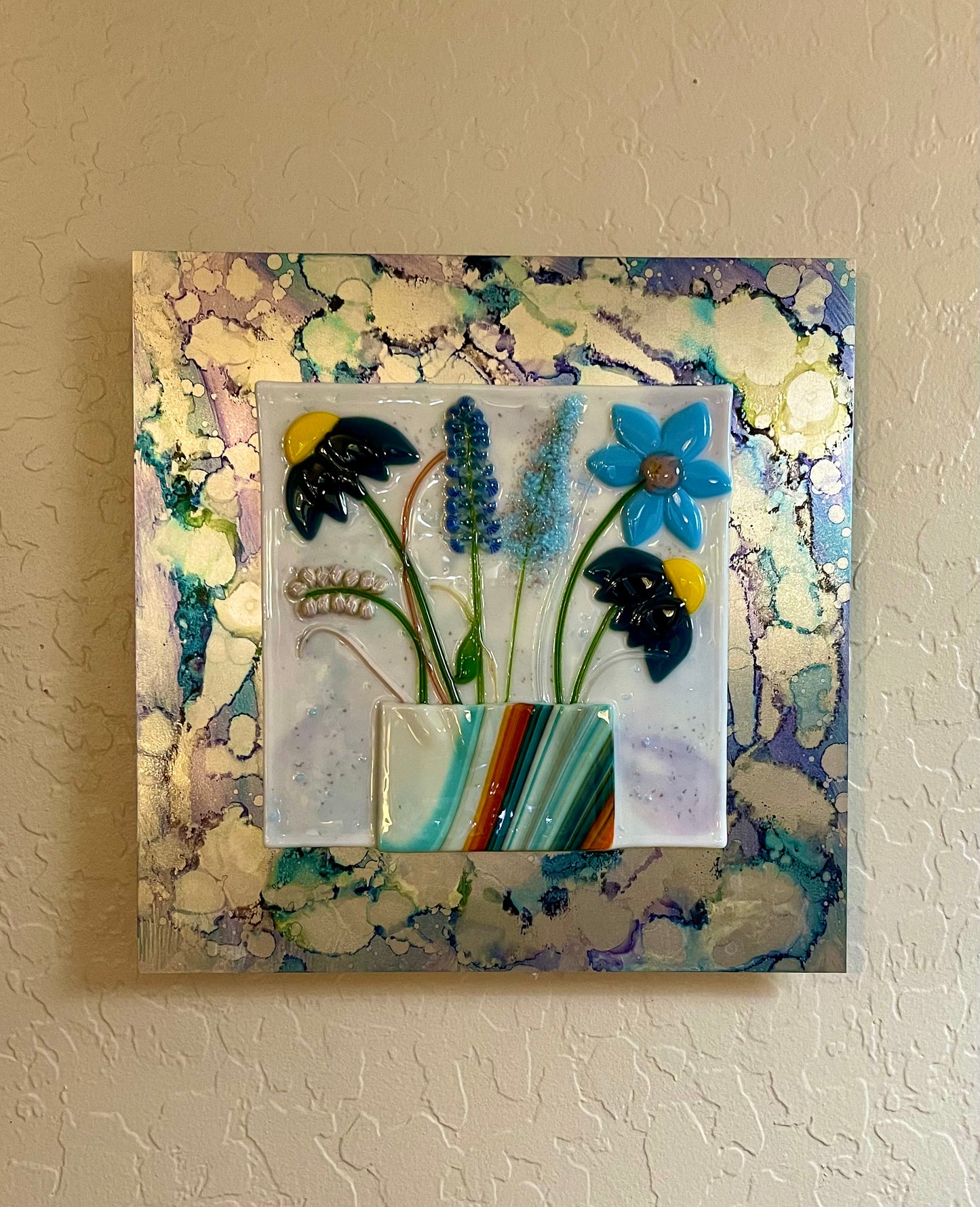 Floral Bouquet of Blue Flowers made out of Fused Glass on Aluminum Sheet - Handmade, Boho Floral Glass Picture