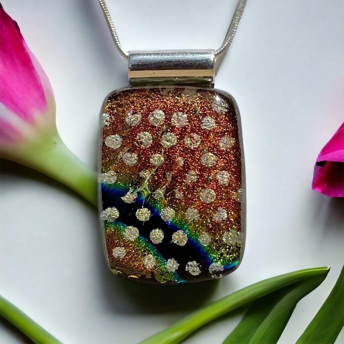 Dichroic Glass Pendant with Dots - Handmade