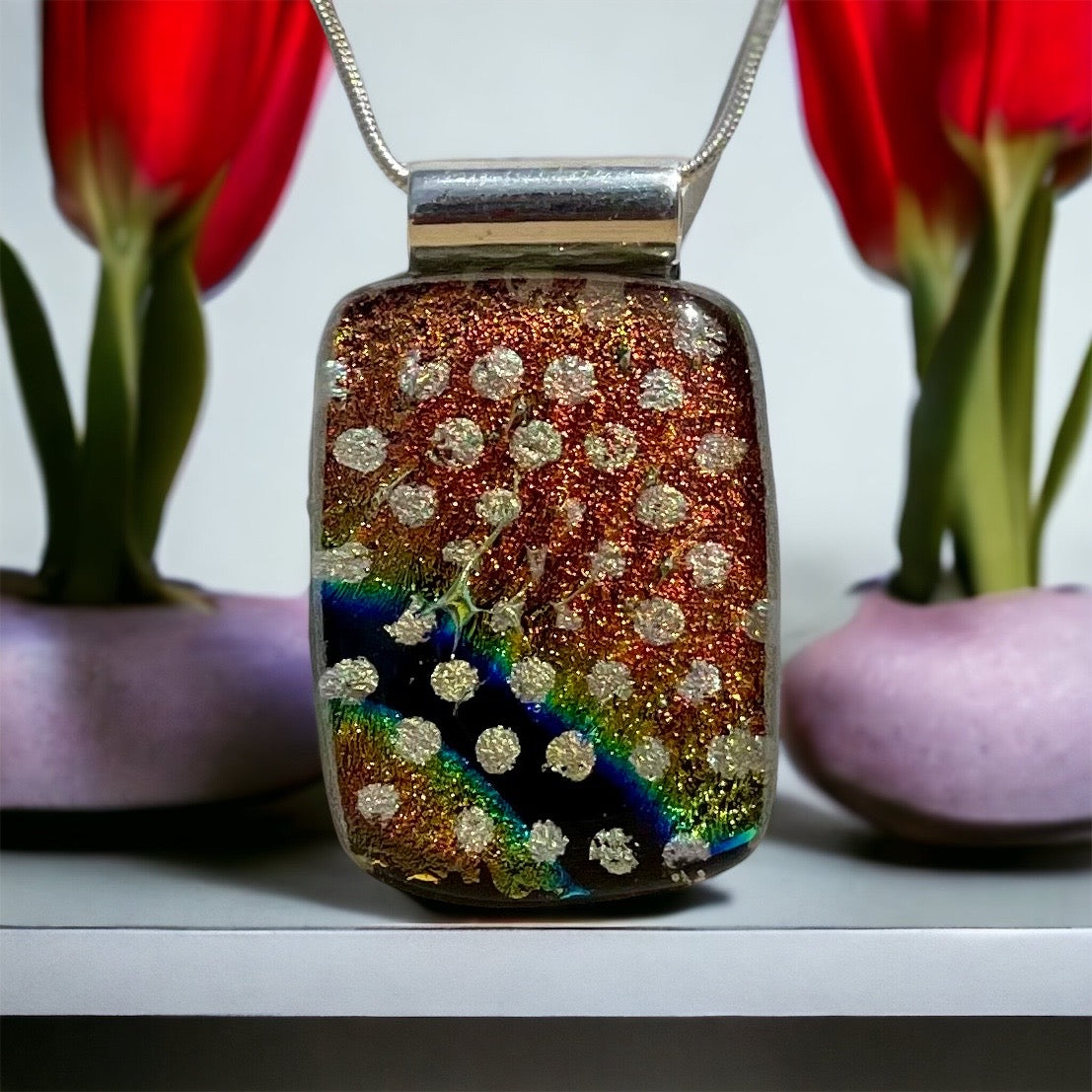 Dichroic Glass Pendant with Dots - Handmade