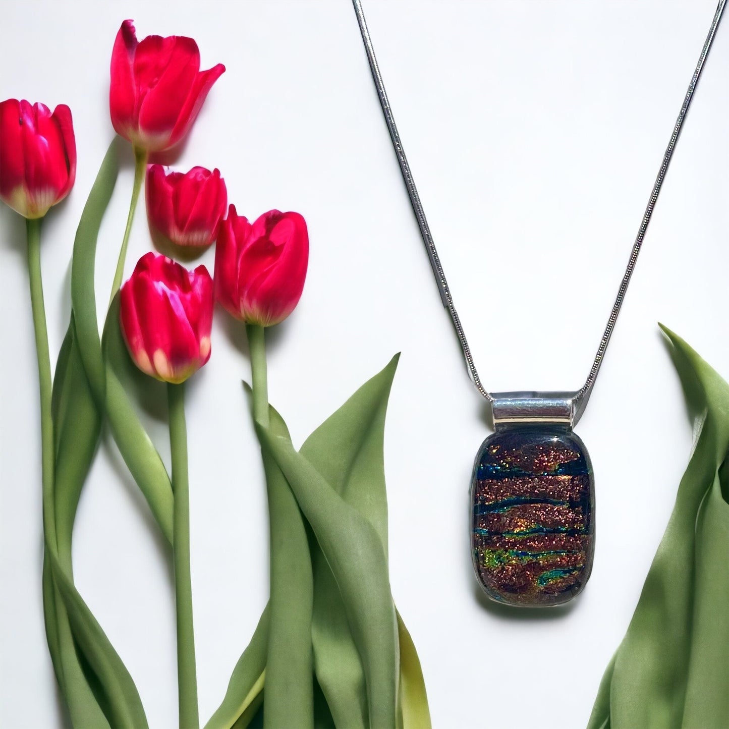 Tiger Striped Dichroic Glass Pendant Necklace - Handmade