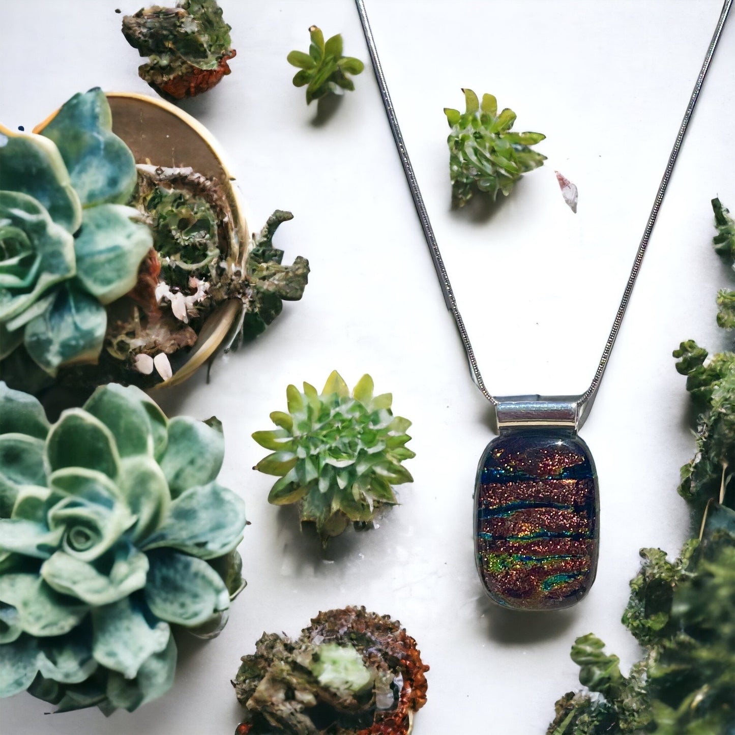 Tiger Striped Dichroic Glass Pendant Necklace - Handmade