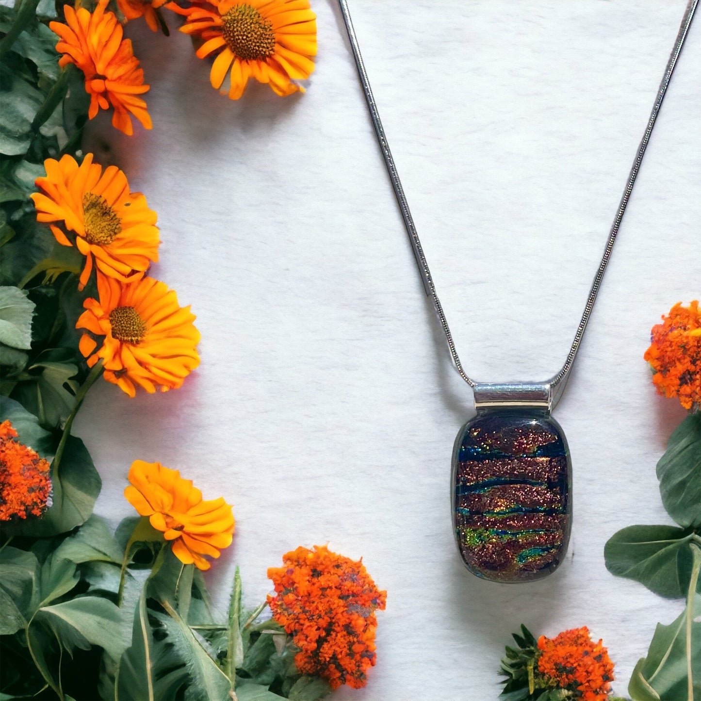 Tiger Striped Dichroic Glass Pendant Necklace - Handmade