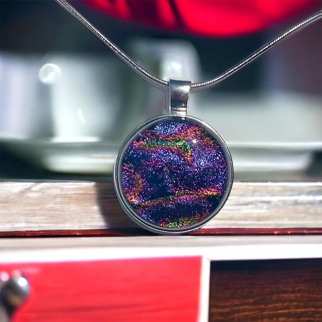 Round Marble Rainbow Dichroic Glass Pendant - Handmade