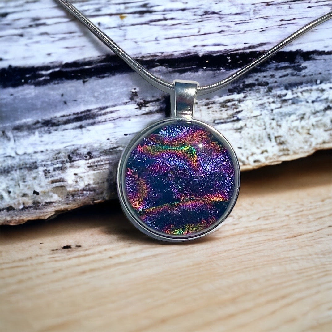 Round Marble Rainbow Dichroic Glass Pendant - Handmade