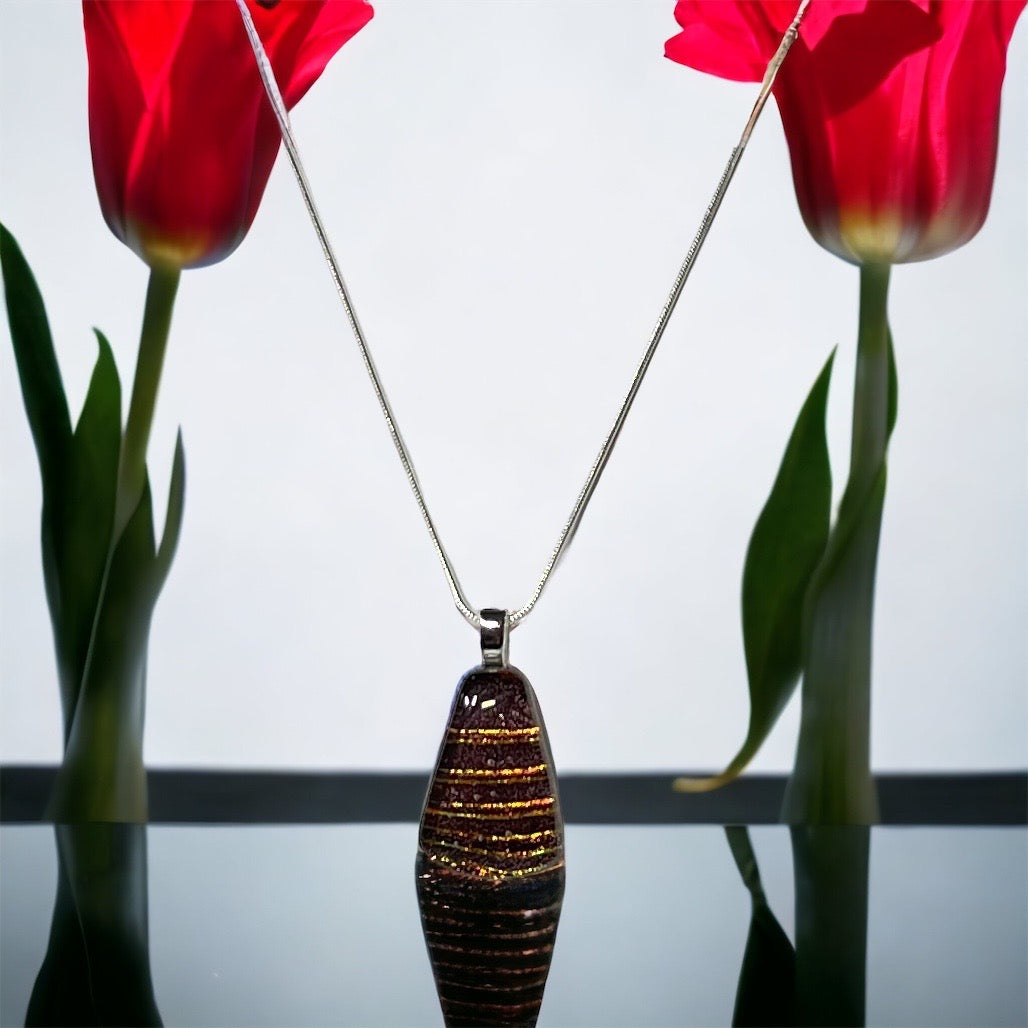 Dainty Striped Golden Dichroic Glass Pendant - Handmade