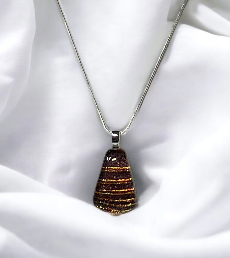 Dainty Striped Golden Dichroic Glass Pendant - Handmade