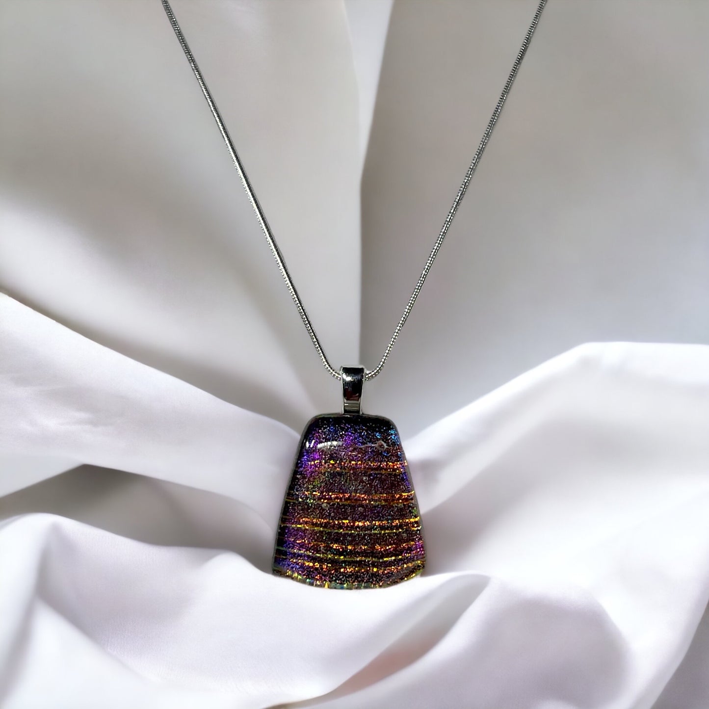 Striped Sparkling Dichroic Glass Pendant, Gold, Purple, Yellow - Handmade