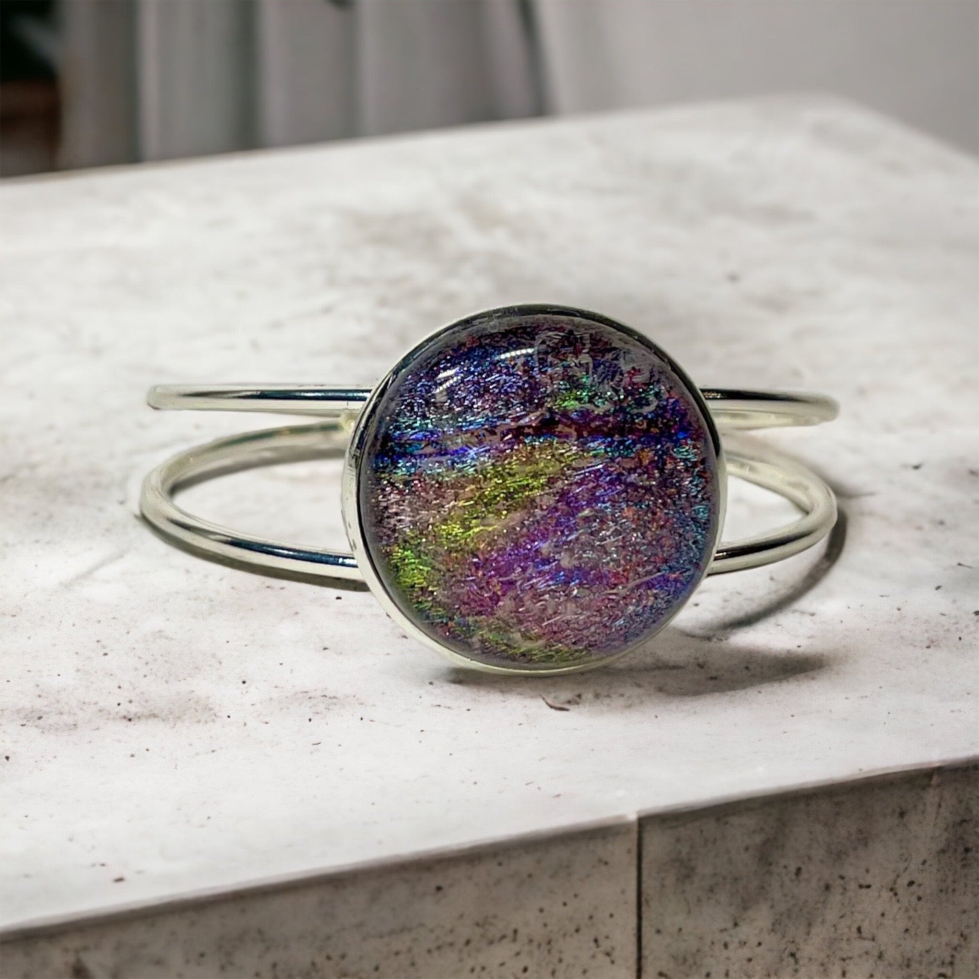 Dichroic Glass Bracelet, Adjustable, Blue, Purple, Yellow, Green