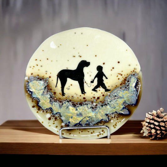 Boy walking his dog dish on reactive glass with silver accents - handmade