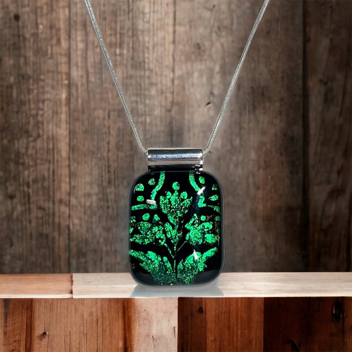 Emerald Flower Etched Dichroic Glass Pendant, with Blue Hues - Handmade          