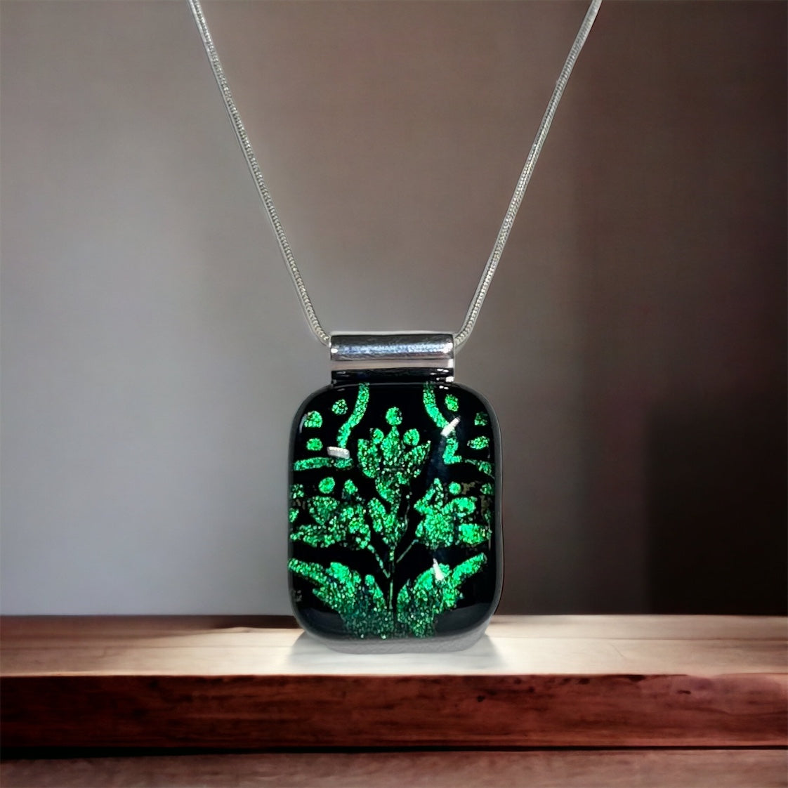 Emerald Flower Etched Dichroic Glass Pendant, with Blue Hues - Handmade          