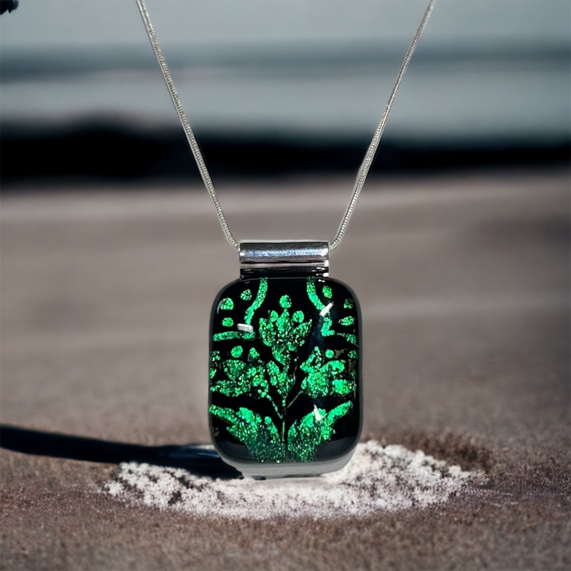 Emerald Flower Etched Dichroic Glass Pendant, with Blue Hues - Handmade          