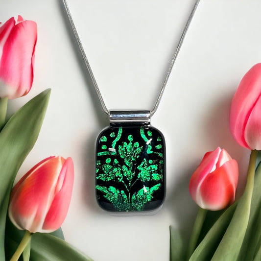 Emerald Flower Etched Dichroic Glass Pendant, with Blue Hues - Handmade          