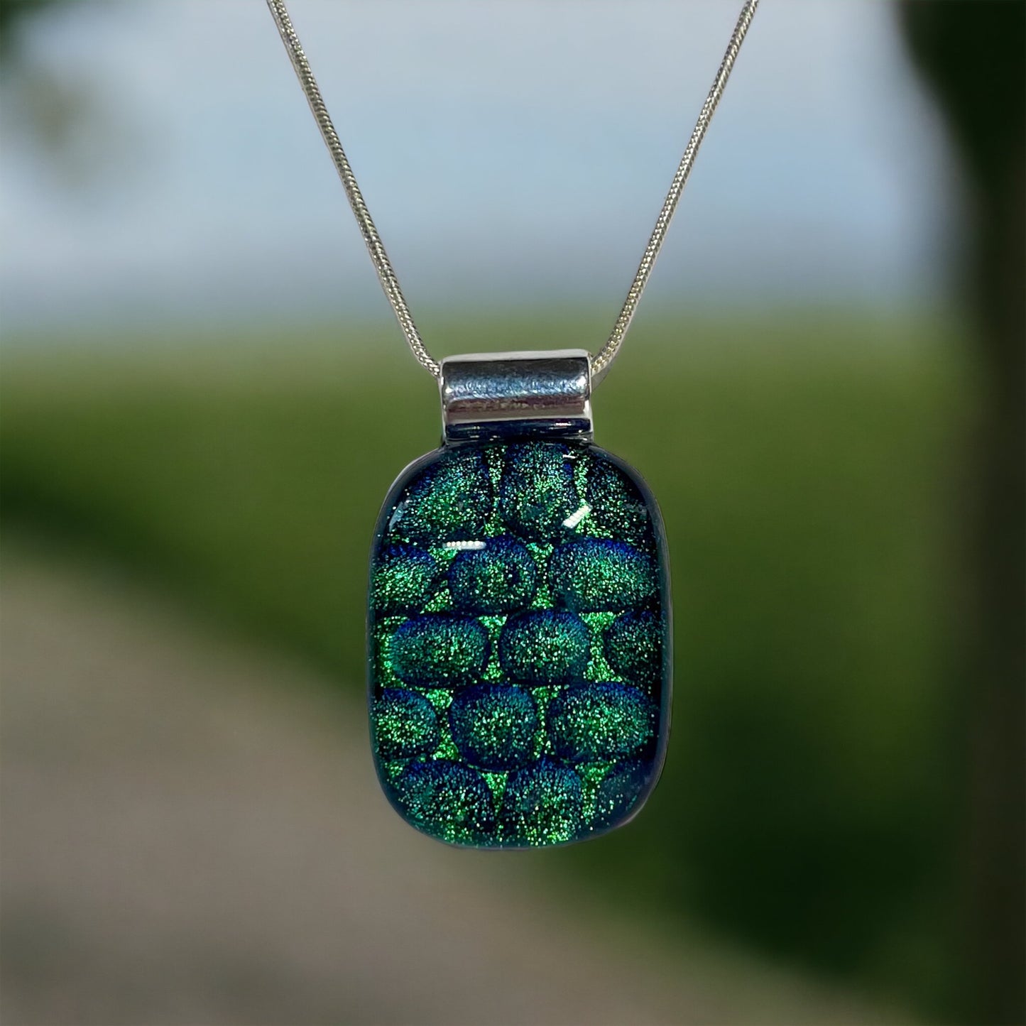 Emerald Green Dichroic Dot Glass Pendant, with Blue Hues and 3D Bubbles - Handmade          