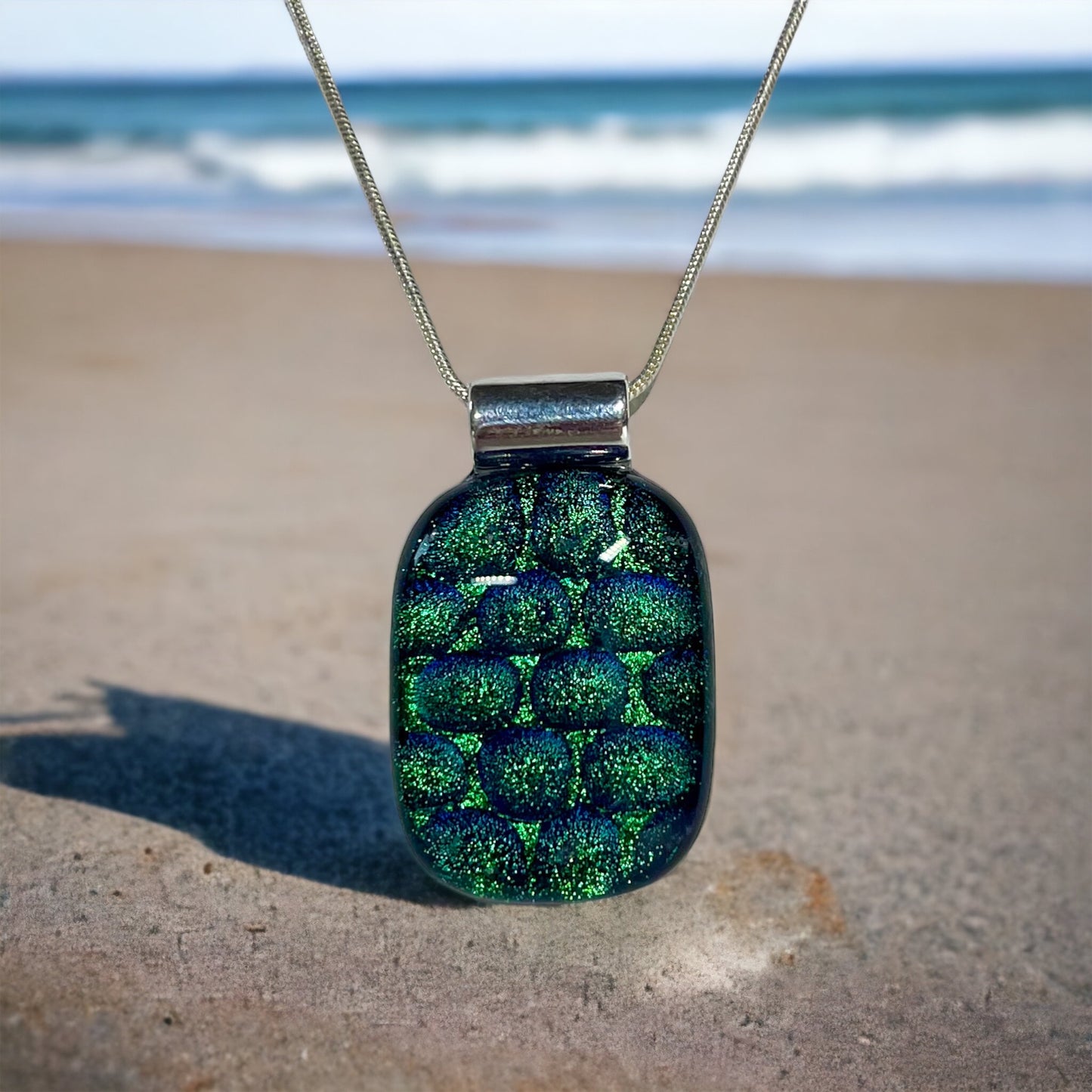 Emerald Green Dichroic Dot Glass Pendant, with Blue Hues and 3D Bubbles - Handmade          