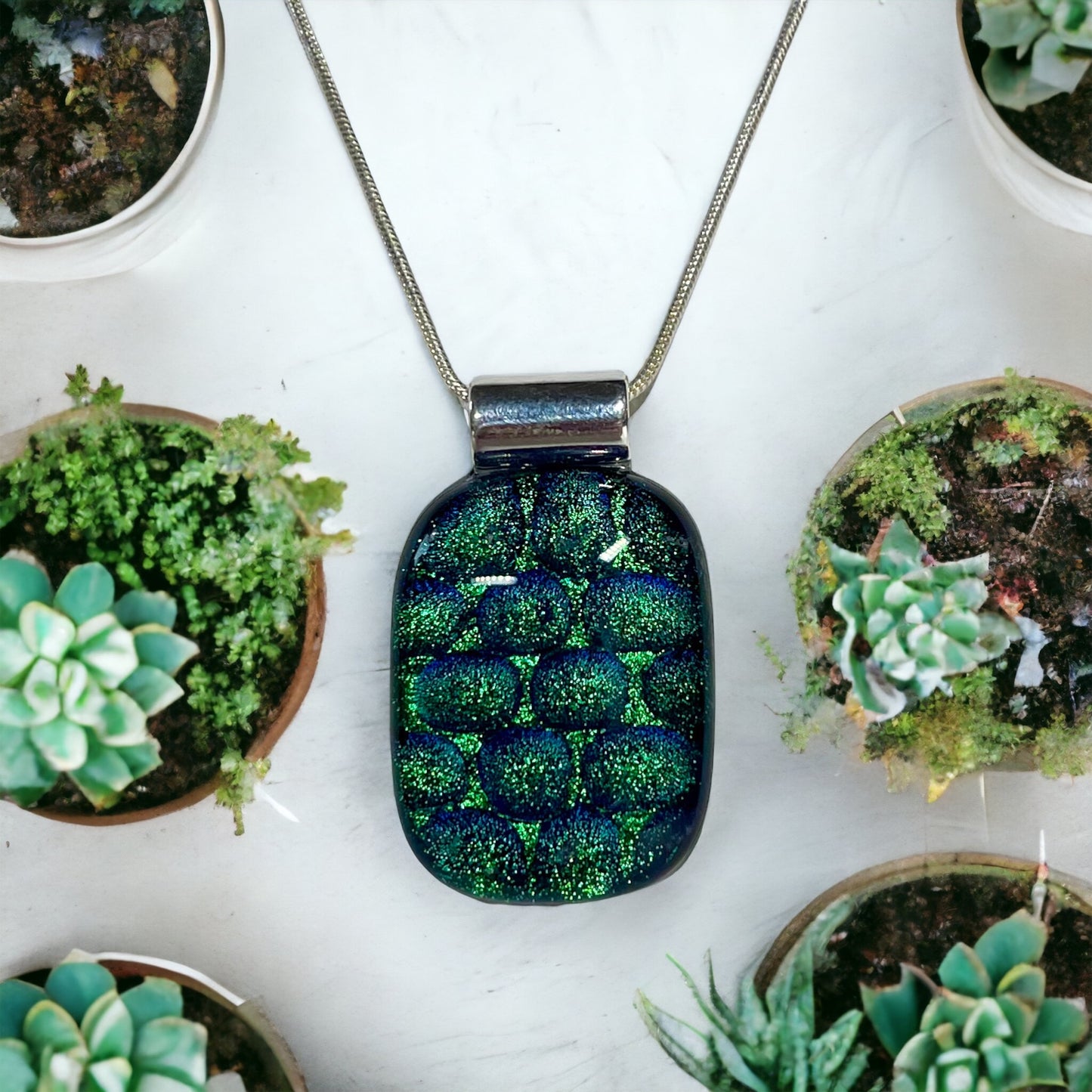 Emerald Green Dichroic Dot Glass Pendant, with Blue Hues and 3D Bubbles - Handmade          