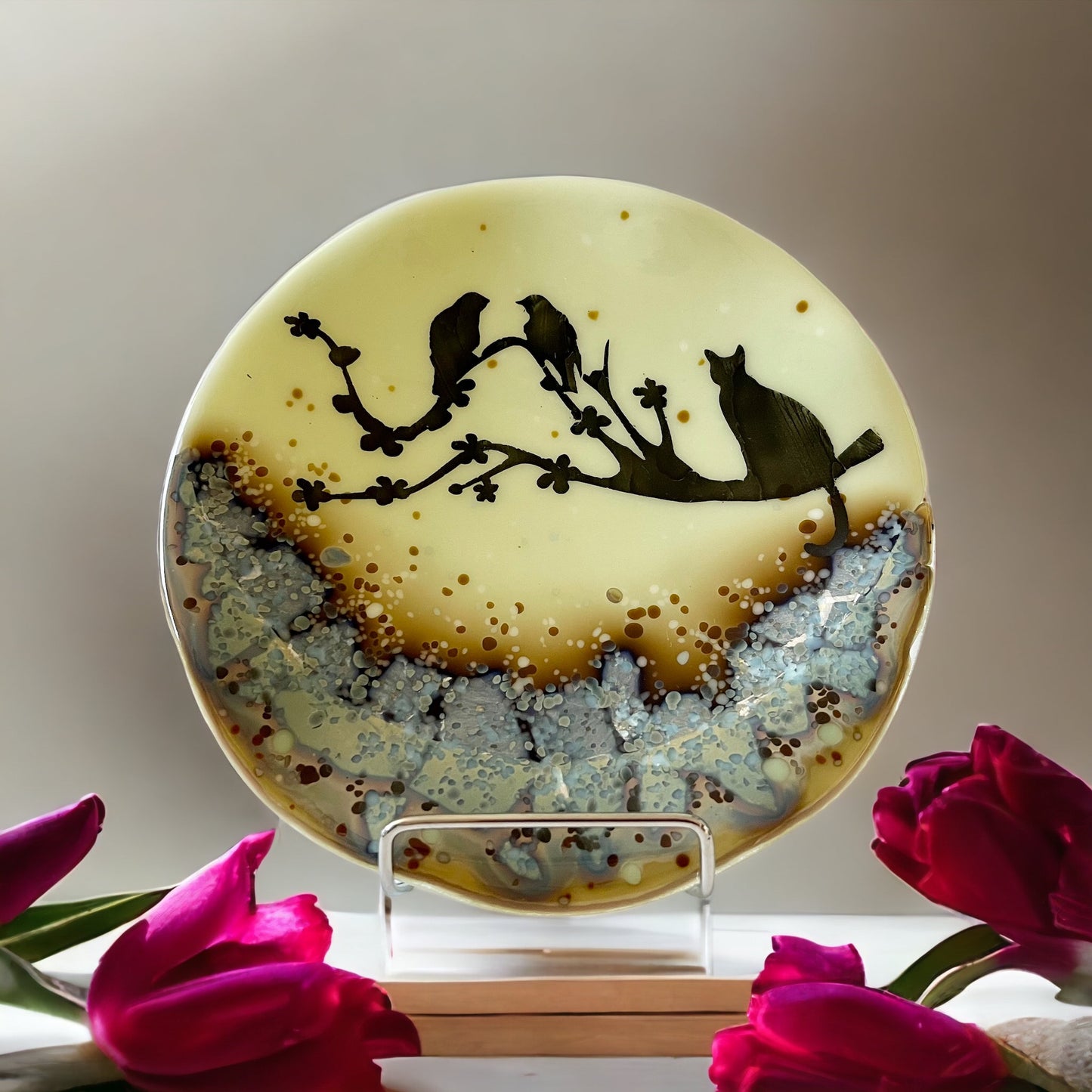 Bird with cat on tree branch dish on reactive glass with silver accents - handmade