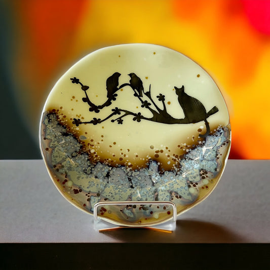 Bird with cat on tree branch dish on reactive glass with silver accents - handmade