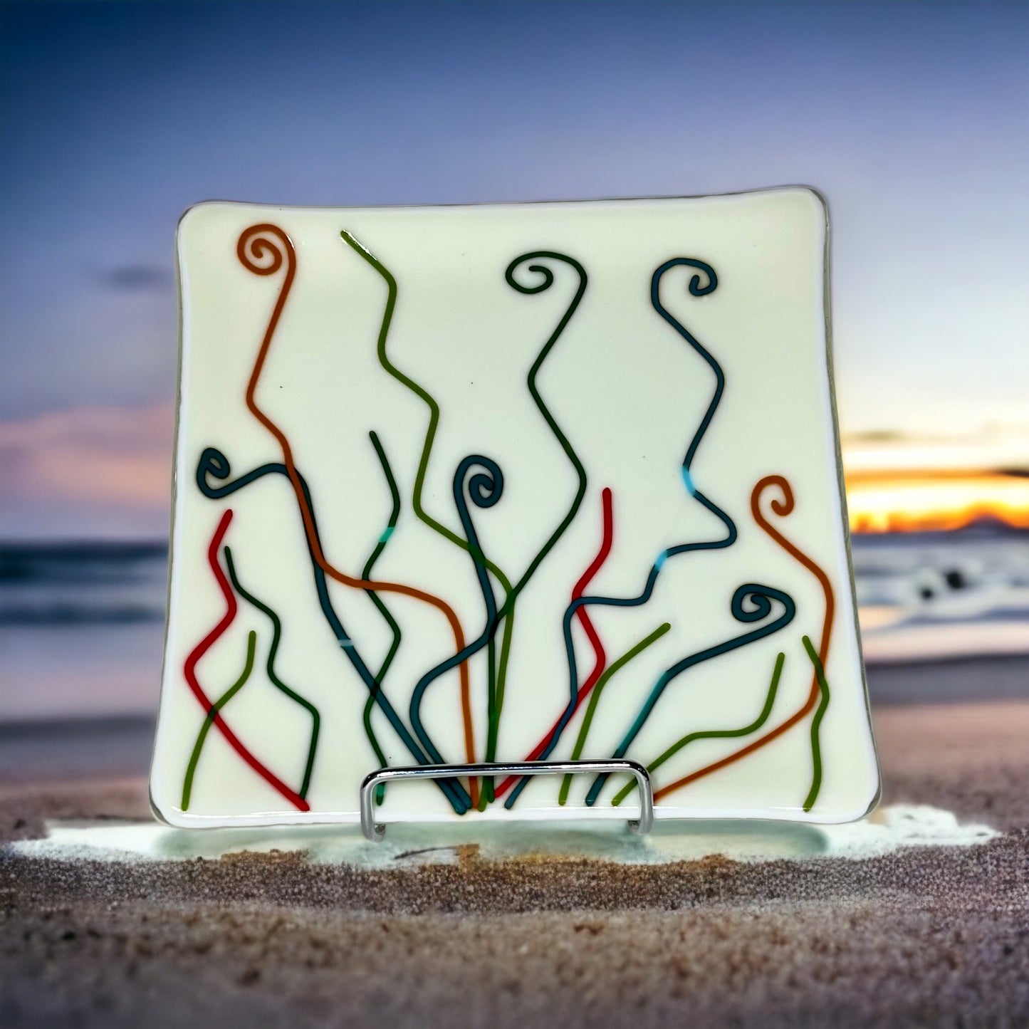 Abstract lines and curls fused glass plate, off white, handmade