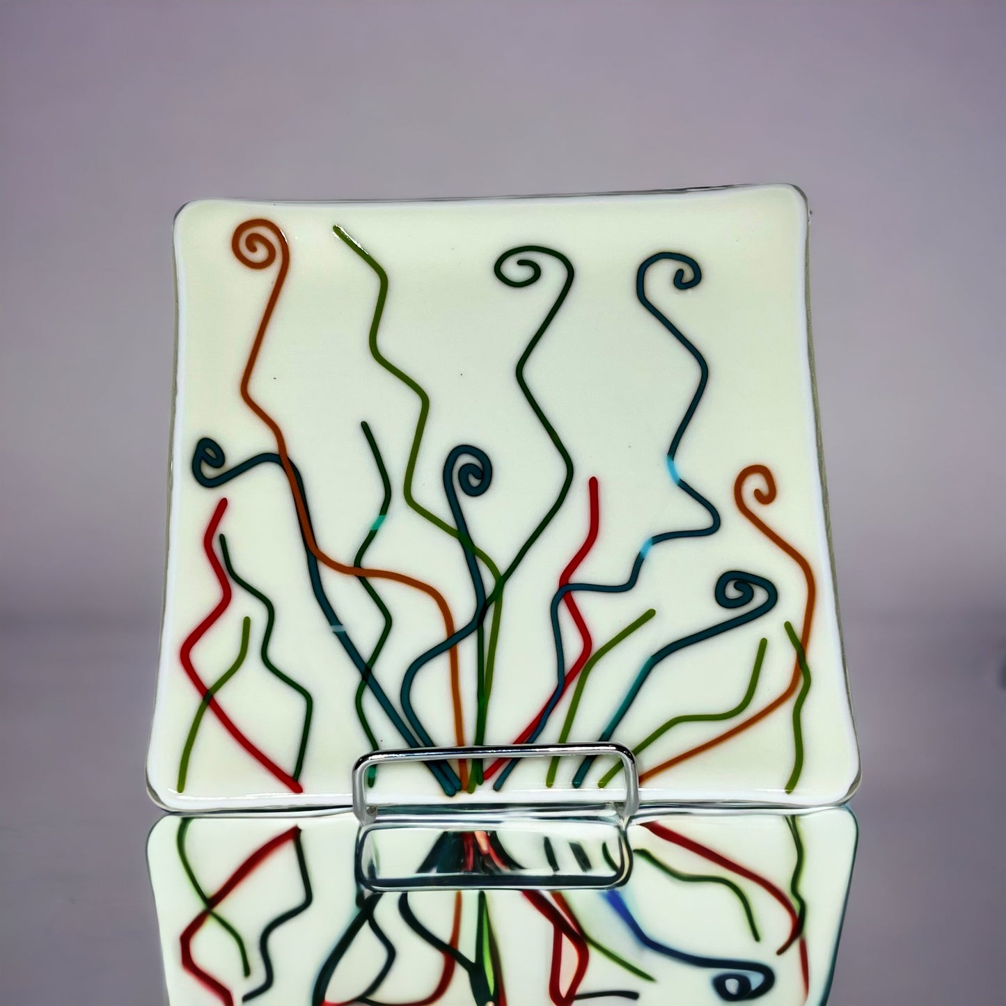 Abstract lines and curls fused glass plate, off white, handmade