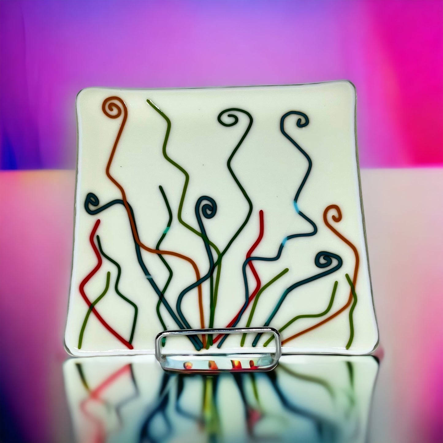 Abstract lines and curls fused glass plate, off white, handmade