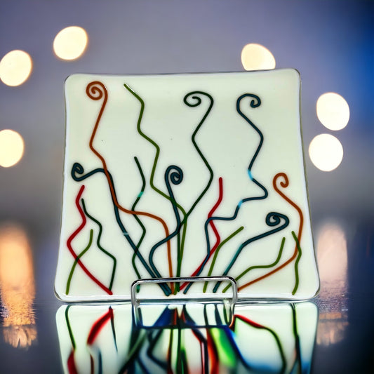 Abstract lines and curls fused glass plate, off white, handmade