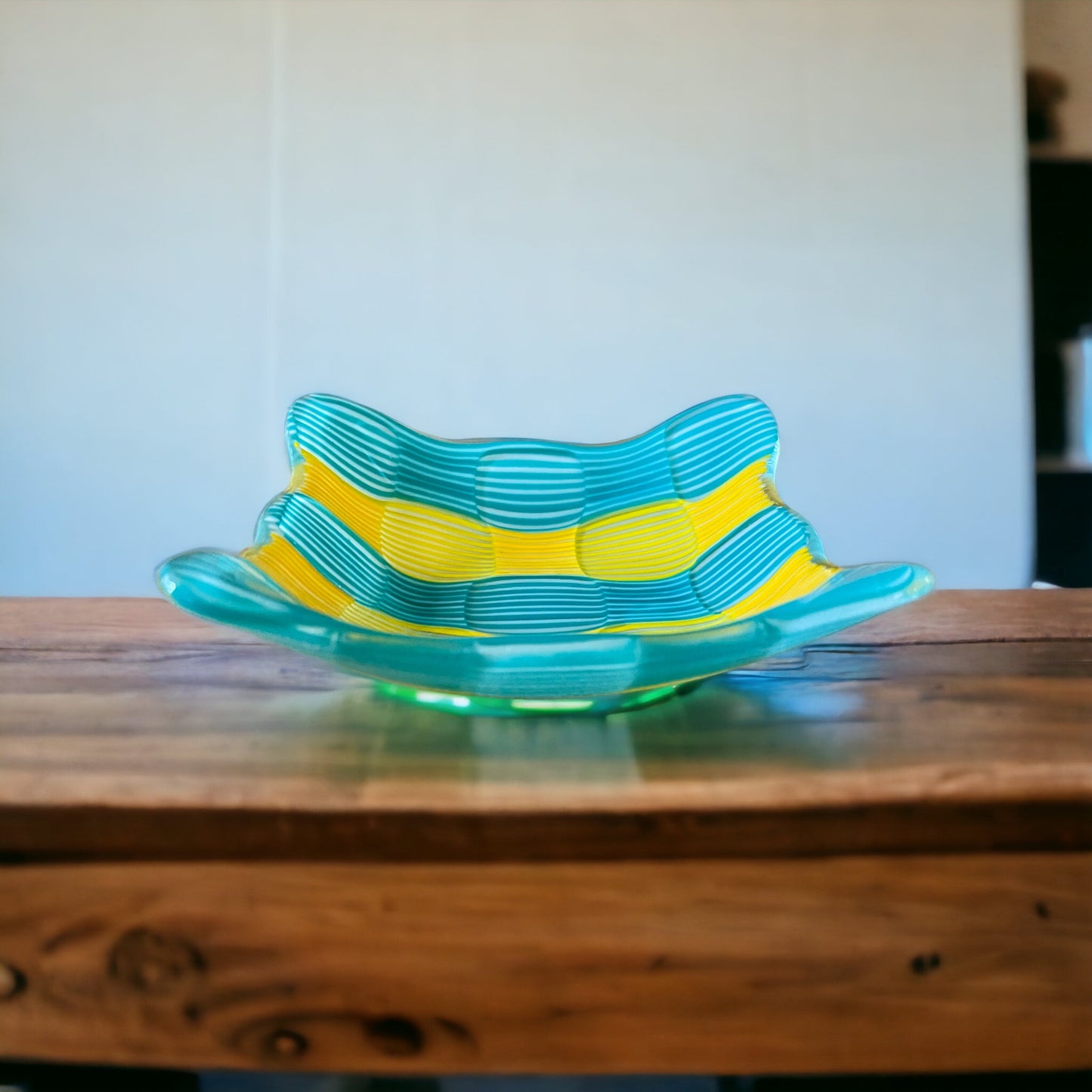 Fused Glass Turquoise and Yellow Striped Circle Dish - Handmade