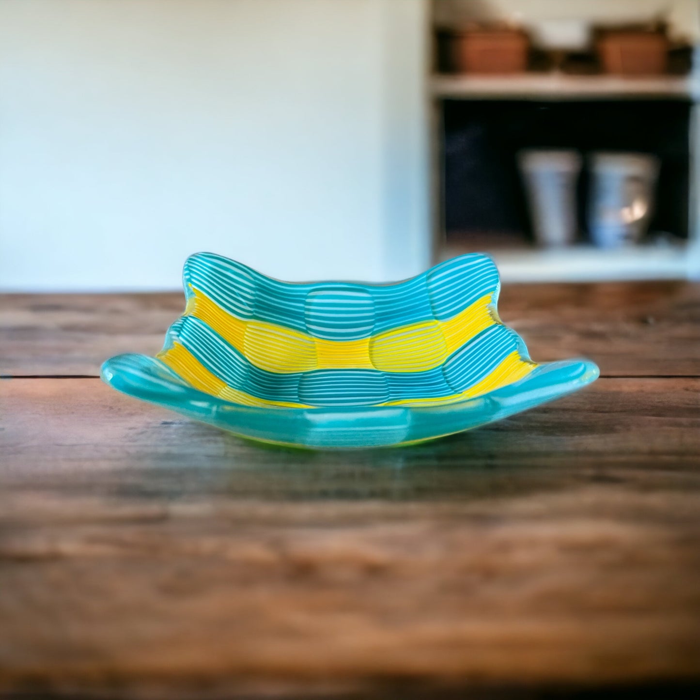 Fused Glass Turquoise and Yellow Striped Circle Dish - Handmade