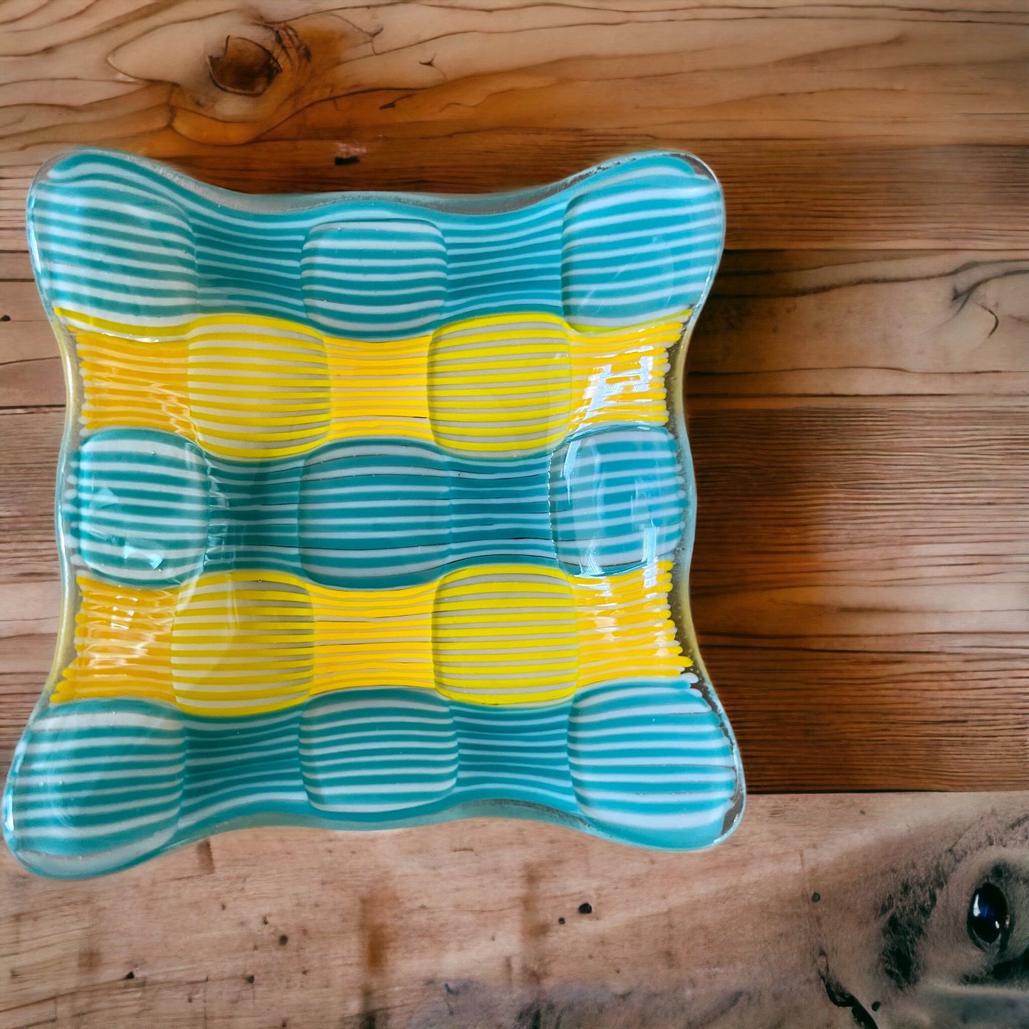 Fused Glass Turquoise and Yellow Striped Circle Dish - Handmade