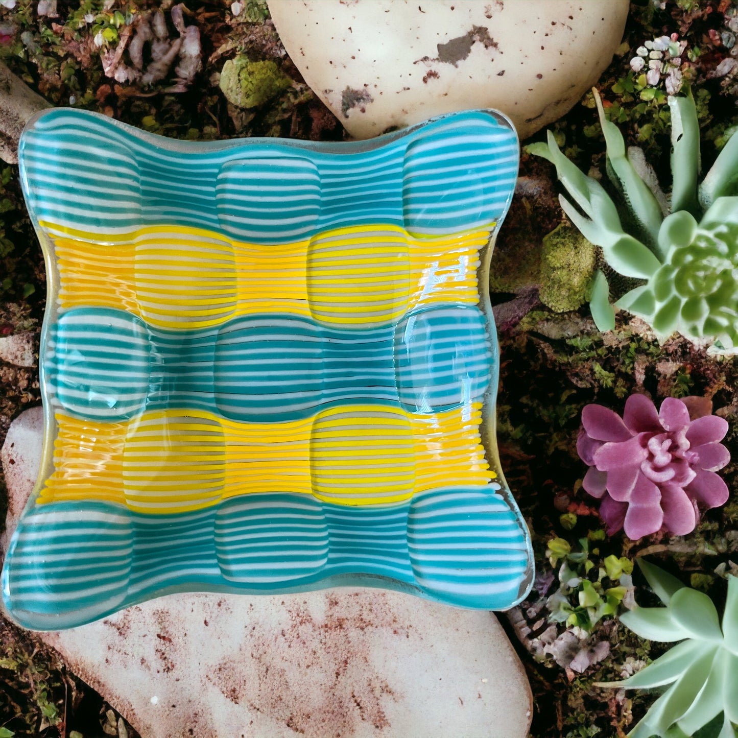 Fused Glass Turquoise and Yellow Striped Circle Dish - Handmade