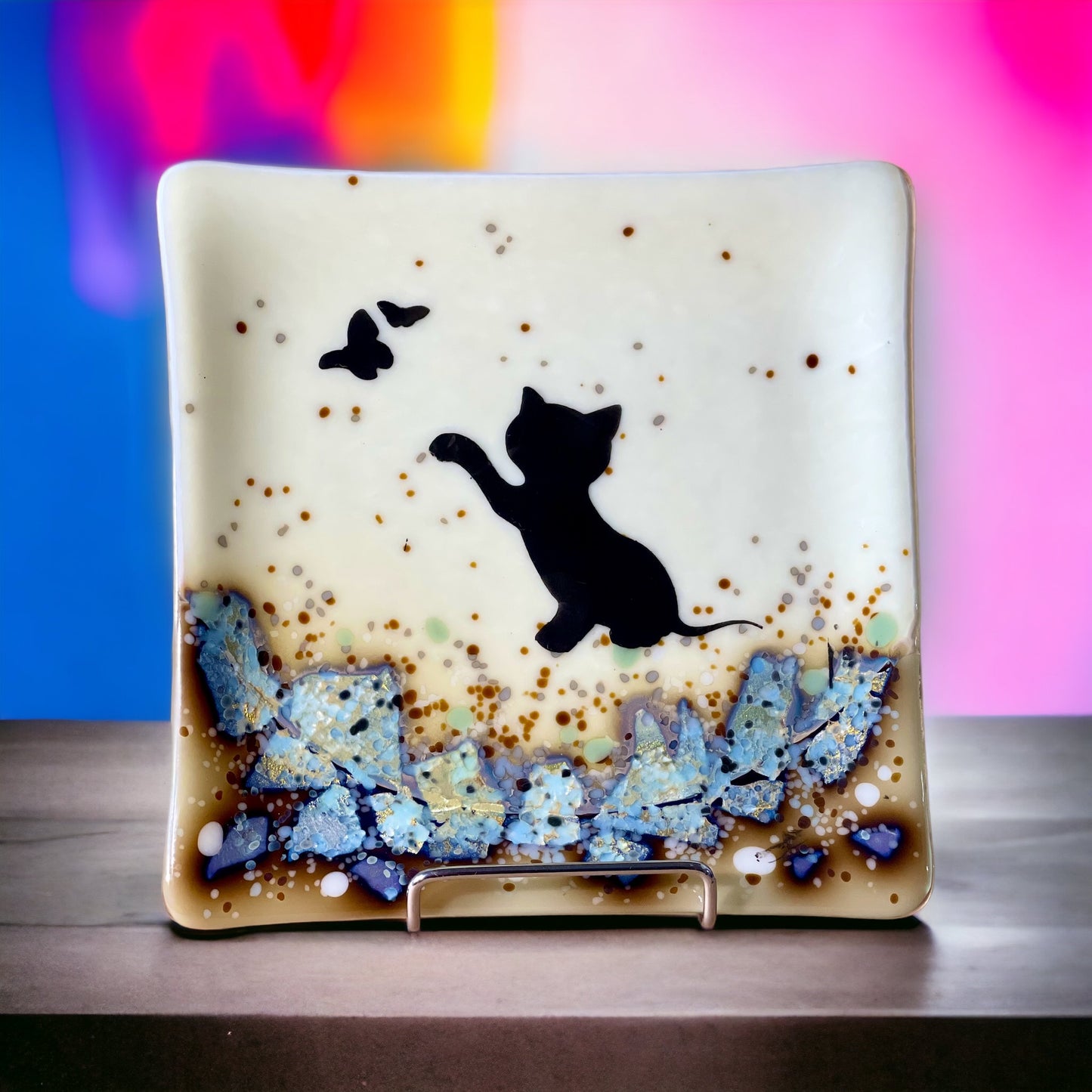 Kitten Chasing a Butterfly Plate on Reactive Glass with Silver infused - handmade